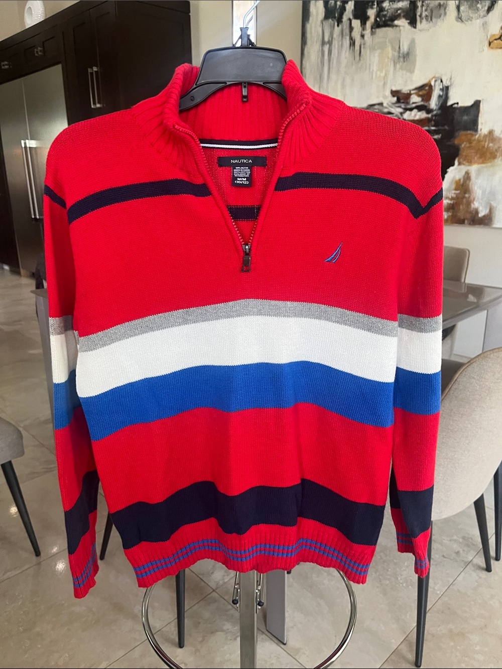 Nautica Kids Red Striped Quarter-Zip Sweater. Size M 10/12